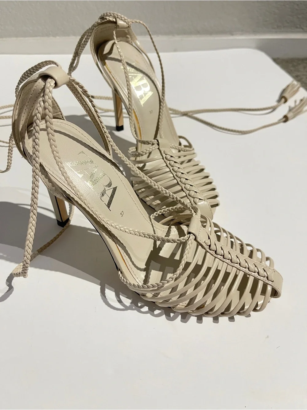 Zara Braided Ivory Strappy Lace-Up Heeled Sandals - Picture 2 of 4